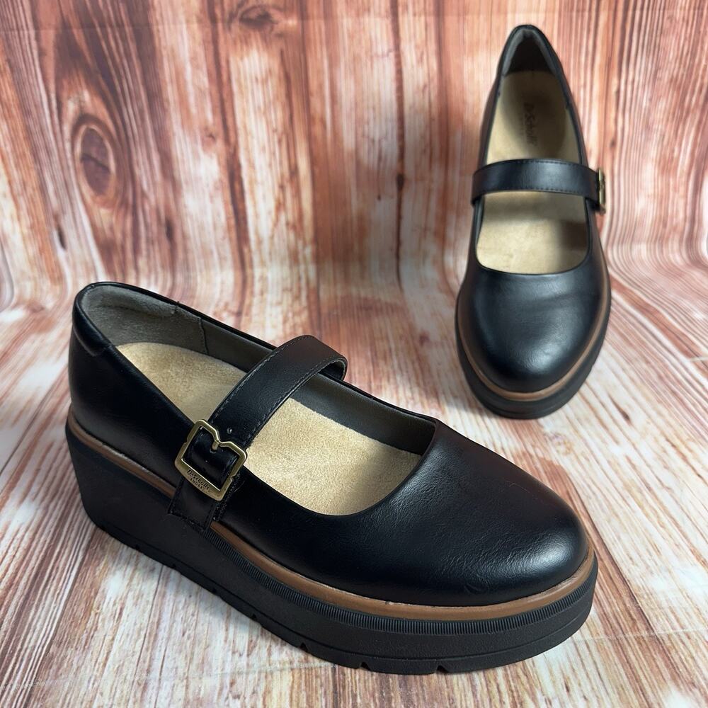 Dr Scholls NICE MAX MJ Size 7 Black Leather Mary Jane Platform Wedge Heel Shoes